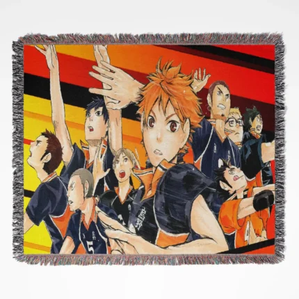 Haikyuu Nekoma woven tapestry throw blanket, sports wall art and room decor, the perfect gift for fans of the Nekoma team in Haikyuu.