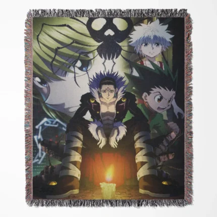 Hunter x Hunter Chrollo woven tapestry throw blanket, dark and intense wall art, ideal as a collectible gift for fans of Chrollo and Hunter x Hunter.