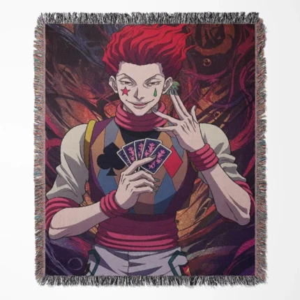 Hunter x Hunter Hisoka woven tapestry throw blanket, bold wall art and unique home accent, perfect for any room with a Hunter x Hunter theme.