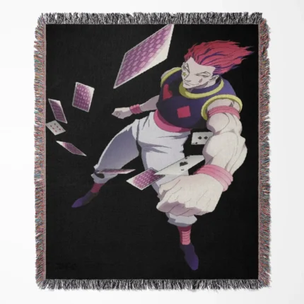 Hunter x Hunter Hisoka woven tapestry throw blanket, bold wall art and room decor, perfect for collectors and fans of Hisoka from Hunter x Hunter.