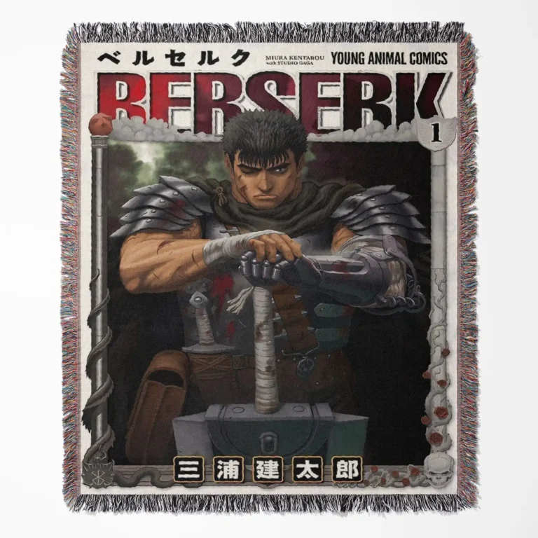 Berserk Manga Volume 1 Cover woven tapestry throw blanket, iconic wall art and room decor, a must-have collectible for Berserk fans featuring the manga’s first volume cover.