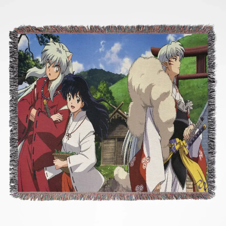 Inuyasha woven tapestry throw blanket, a stylish room accent and wall art piece, ideal as a gift for anime fans who love the timeless Inuyasha series.