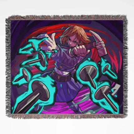 Jujutsu Kaisen Kugisaki Nobara woven tapestry throw blanket, trendy wall art and room decor, an ideal gift for Jujutsu Kaisen fans who appreciate Nobara’s fierce character.