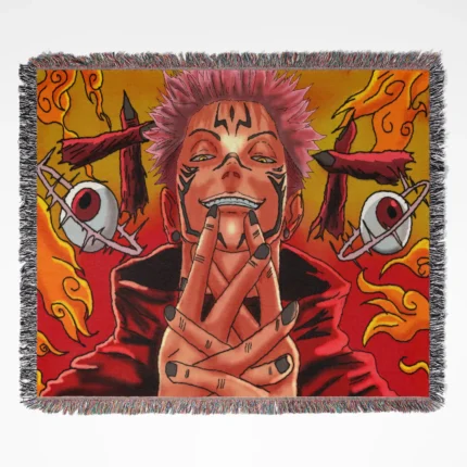 Jujutsu Kaisen Sukuna woven tapestry throw blanket, bold and dynamic wall hanging, ideal as a collectible gift for Jujutsu Kaisen fans.