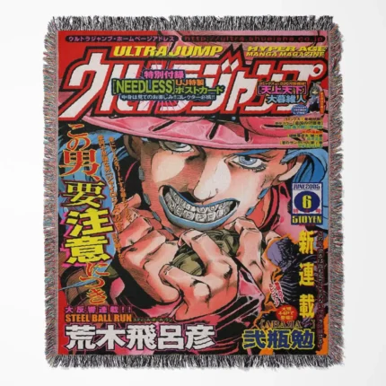 JoJo's Bizarre Adventure Steel Ball Run Adventure woven tapestry throw blanket, bold and dynamic wall hanging that brings the excitement of the Steel Ball Run to your room and home decor.