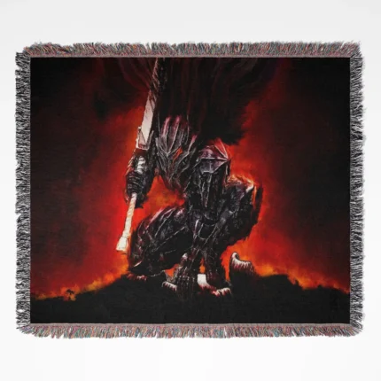 Berserk Armor woven tapestry throw blanket, bold wall art and room decor, a must-have collectible and gift for Berserk fans, featuring the iconic armor from the series.