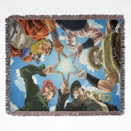 JoJo's Bizarre Adventure woven tapestry throw blanket, a versatile home decor and wall art piece, perfect as a gift for JoJo's Bizarre Adventure fans.