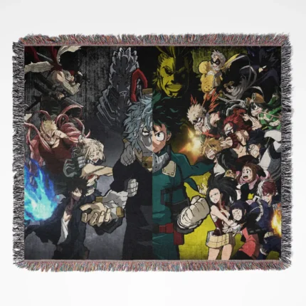My Hero Academia woven tapestry throw blanket, vibrant and dynamic room decor, perfect as a wall hanging and home accent for My Hero Academia fans.