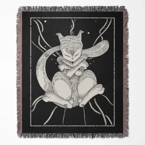 Mewtwo woven tapestry throw blanket, an iconic collectible wall art and room decor piece, perfect for Pokémon fans and home decor enthusiasts.