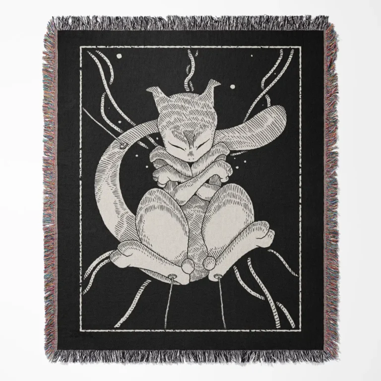 Mewtwo woven tapestry throw blanket, an iconic collectible wall art and room decor piece, perfect for Pokémon fans and home decor enthusiasts.