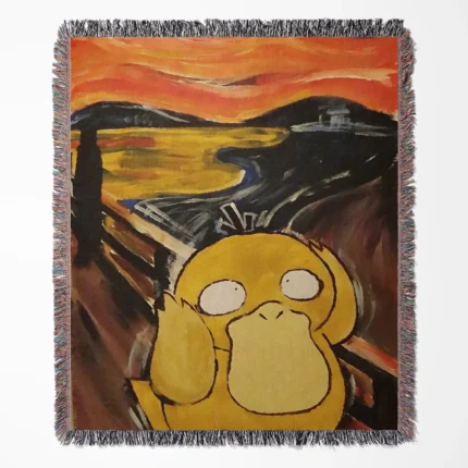 Psyduck woven tapestry throw blanket, a fun and quirky accent piece for your wall or room decor, perfect for fans of the comedic Pokémon.