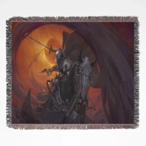 Skull Knight woven tapestry throw blanket, dark fantasy wall art and room decor, perfect for collectors of the Berserk series and fans of the Skull Knight character.