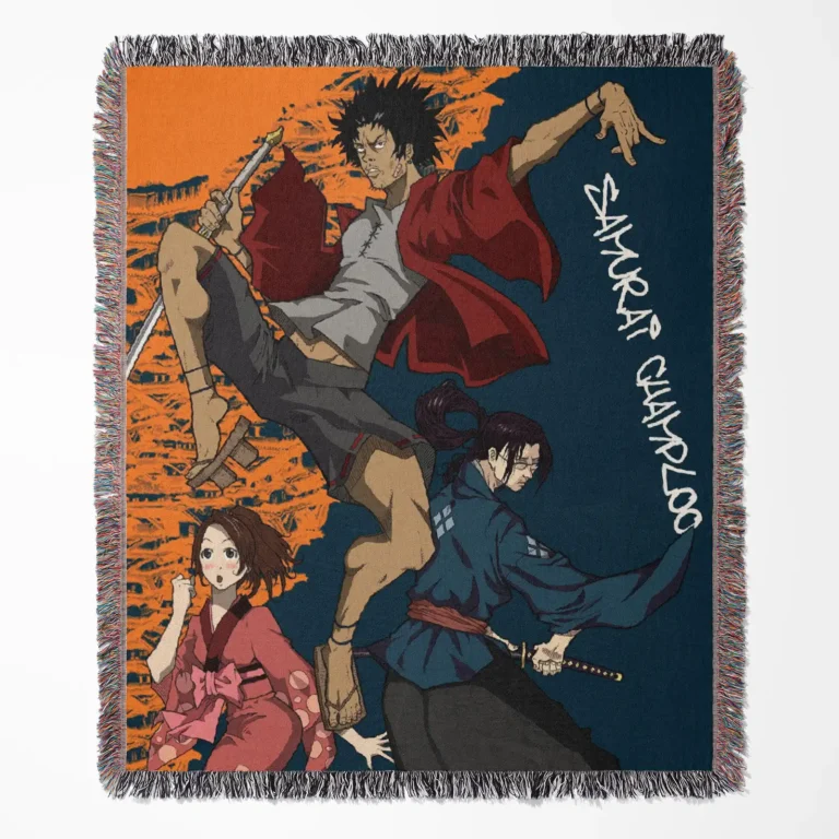 Samurai Champloo woven tapestry throw blanket, unique wall art, cozy throw, and room decor inspired by the anime’s vibrant blend of samurai action and hip-hop culture.