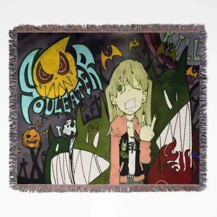 Soul Eater woven tapestry throw blanket, dark fantasy-inspired wall art and cozy throw for your room, featuring iconic characters and eerie designs. Ideal for anime fans and home decor enthusiasts.