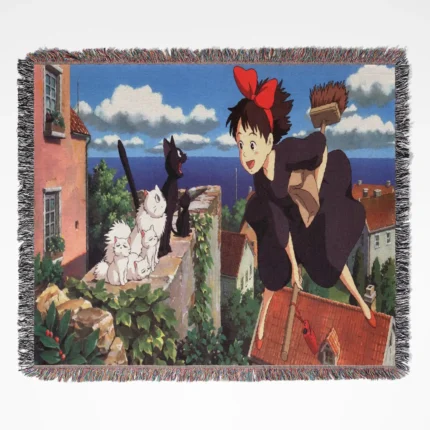 Kiki's Delivery Service woven tapestry throw blanket, whimsical wall art, perfect for room and home decor.