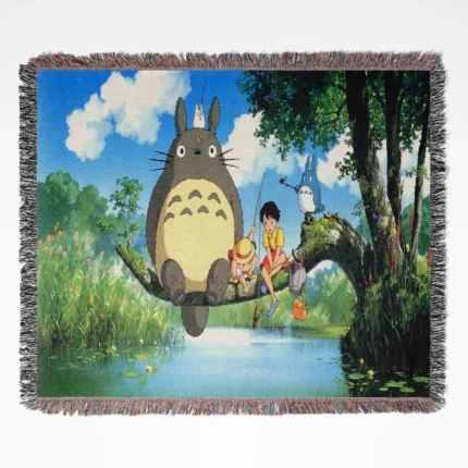 My Neighbor Totoro woven tapestry throw blanket, cute wall art, cozy room and home decor for Ghibli enthusiasts.