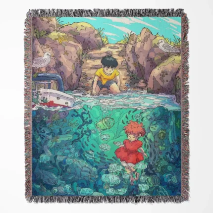 Ponyo woven tapestry throw blanket, charming wall rug, perfect for room and home decor, cozy throw for fans.