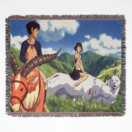 Princess Mononoke woven tapestry throw blanket, epic fantasy wall art, perfect for room and home decor.