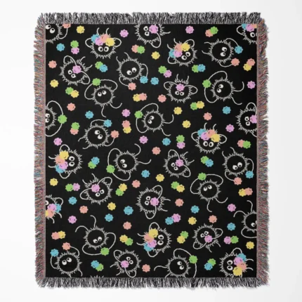 Soot Sprite woven tapestry throw blanket, adorable wall art, unique room and home decor inspired by Studio Ghibli.