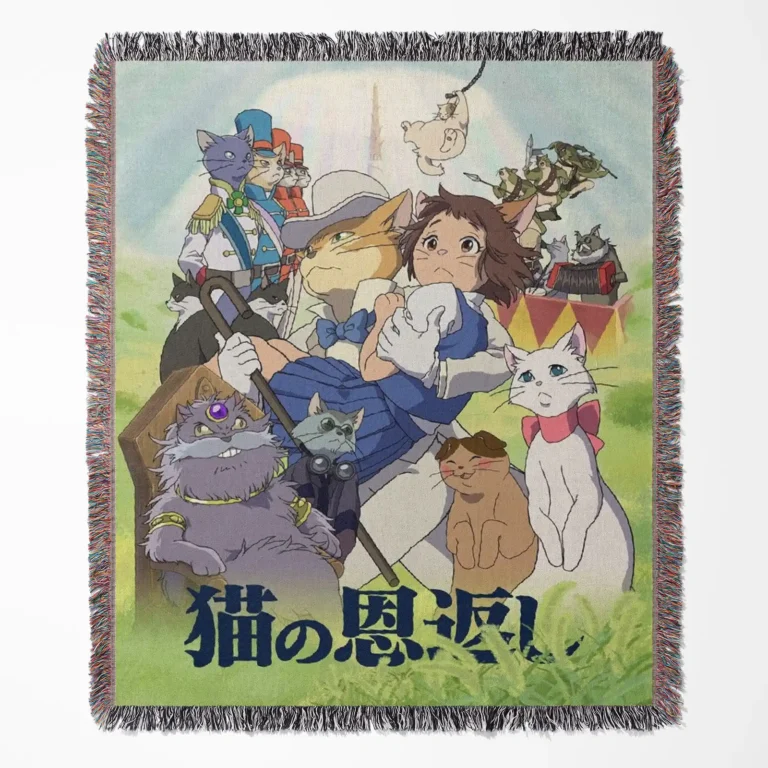 The Cat Returns woven tapestry throw blanket, magical wall hanging, ideal room and home decor for Ghibli lovers.