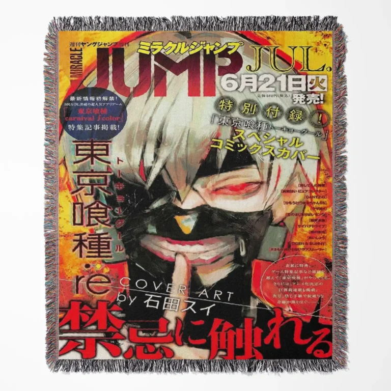 Tokyo Ghoul manga cover woven tapestry throw blanket, dark wall art design, ideal for room and home decor, and a collectible gift.