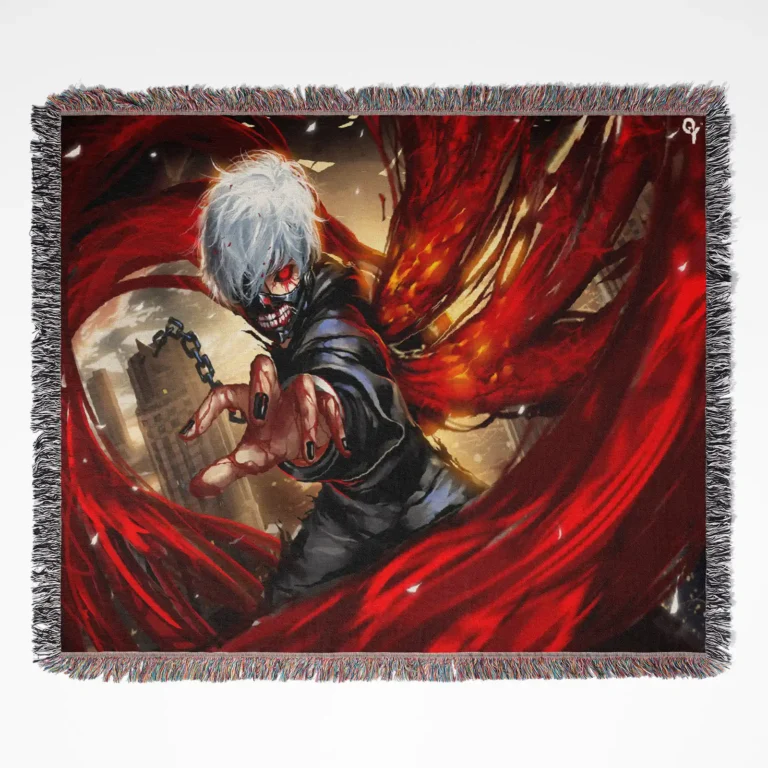 Tokyo Ghoul woven tapestry throw blanket, edgy wall art design, ideal for room and home decor, and a cozy throw.