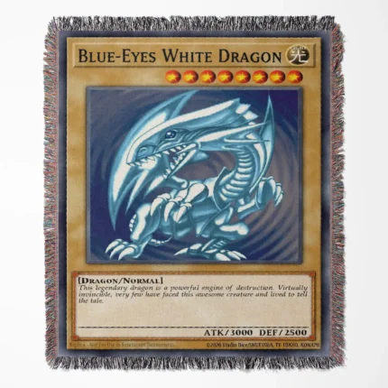 Yu-Gi-Oh! Blue Eyes White Dragon card woven tapestry throw blanket, iconic wall art, perfect for room and home decor.