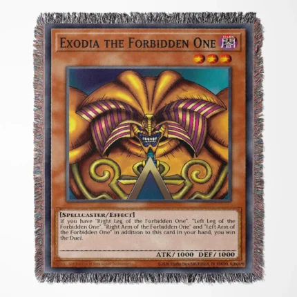 Yu-Gi-Oh! Exodia the Forbidden One card woven tapestry throw blanket, rare collectible wall rug, perfect for room and home decor.