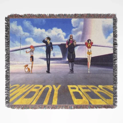 Cowboy Bebop woven tapestry throw blanket, classic wall art and cozy accent, perfect for adding a touch of space-western style to your home decor.