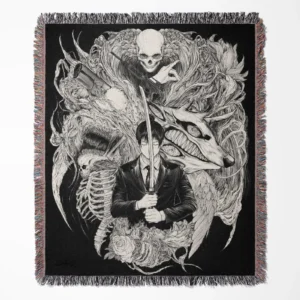 Chainsaw Man Aki Hayakawa woven tapestry throw blanket, dark wall art and room decor, ideal as a collectible gift for Aki Hayakawa fans.