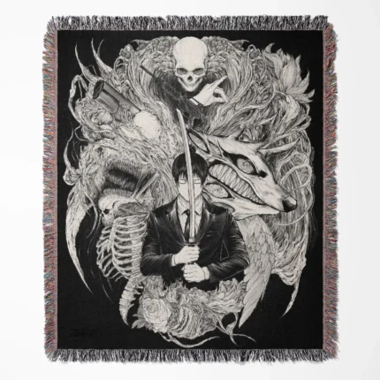 Chainsaw Man Aki Hayakawa woven tapestry throw blanket, dark wall art and room decor, ideal as a collectible gift for Aki Hayakawa fans.