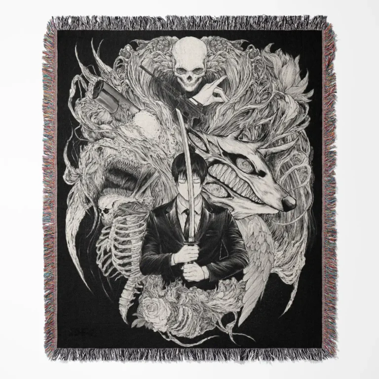 Chainsaw Man Aki Hayakawa woven tapestry throw blanket, dark wall art and room decor, ideal as a collectible gift for Aki Hayakawa fans.