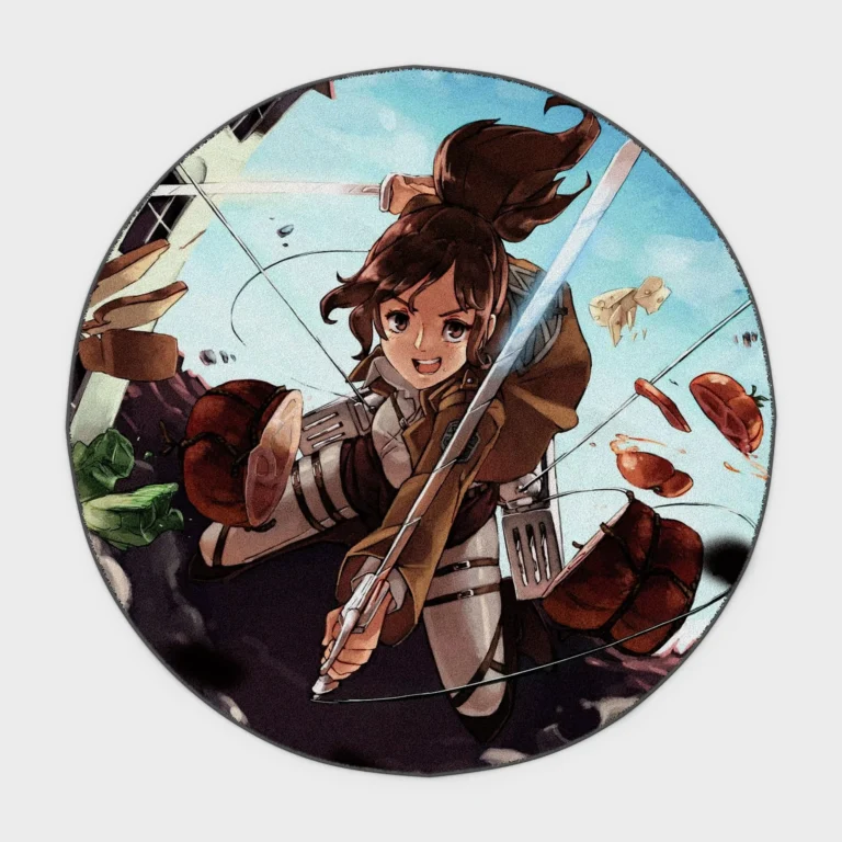 Bring some fun to your bedroom or gaming room with this Sasha Braus round rug. Perfect for *Attack on Titan* fans, it adds a playful and vibrant touch to your space.