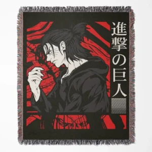 AOT Eren Yeager woven tapestry throw blanket, epic wall rug and room decor, an ideal gift for Attack on Titan fans featuring the heroic Eren Yeager.