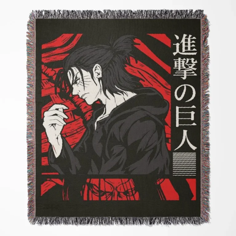 AOT Eren Yeager woven tapestry throw blanket, epic wall rug and room decor, an ideal gift for Attack on Titan fans featuring the heroic Eren Yeager.