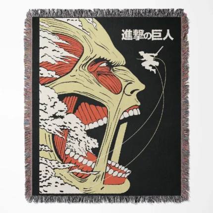 AOT woven tapestry throw blanket, epic wall art and room decor, perfect gift for fans of Attack on Titan’s intense action and drama.