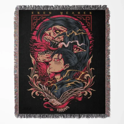 AOT Eren Yeager woven tapestry throw blanket, striking wall rug and room decor, an ideal collectible gift for fans of Eren Yeager from Attack on Titan.