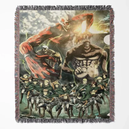AOT woven tapestry throw blanket, cool wall art and cozy room decor, a must-have merchandise piece for fans of Attack on Titan.