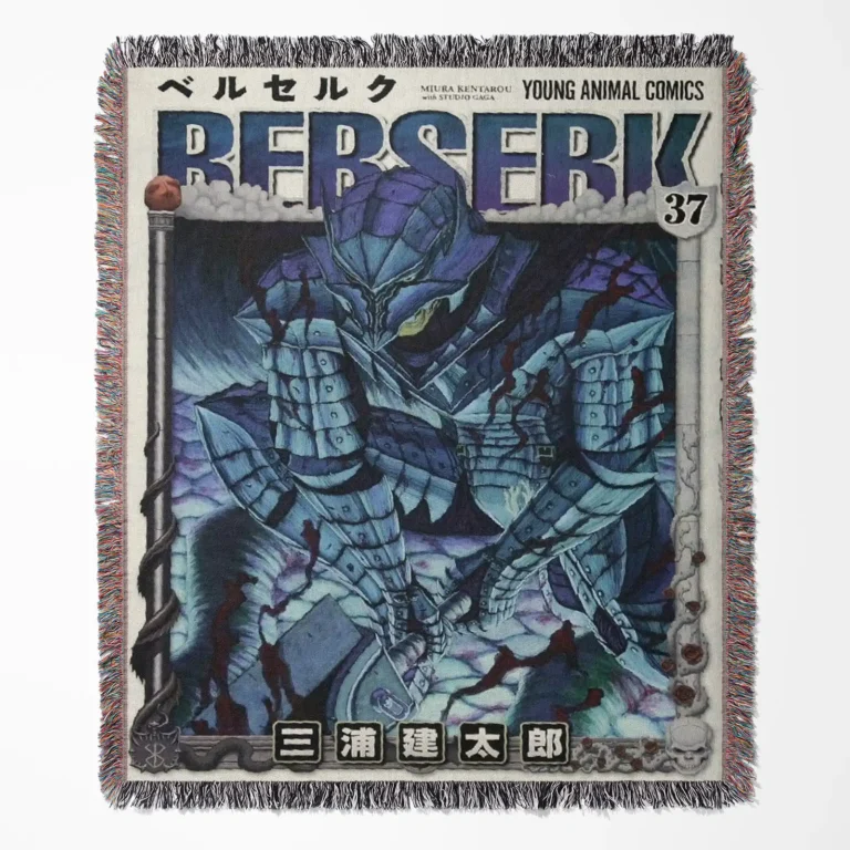 Berserk Manga woven tapestry throw blanket, designed with vintage wall art and cool room decor, perfect for fans and collectors of the iconic anime and manga series.