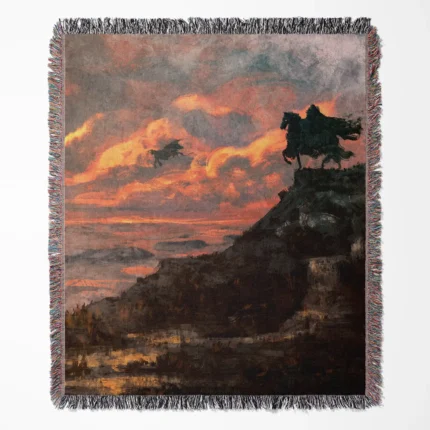 Berserk woven tapestry throw blanket, striking wall rug and home decor, perfect collectible gift for fans of Berserk’s dark fantasy world.