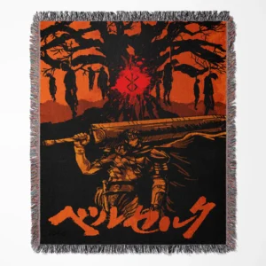 Berserk woven tapestry throw blanket, unique wall rug and home decor, a great gift for manga fans, capturing the essence of Berserk's dark and powerful art.