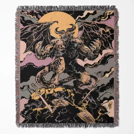 Berserk woven tapestry throw blanket, bold wall art and picnic mat, perfect for dark fantasy fans, bringing the gritty and epic aesthetic of Berserk to any room.