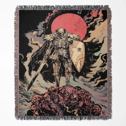 Skull Knight woven tapestry throw blanket, dark fantasy wall art and room decor, a unique gift for fans of Berserk’s Skull Knight and dark fantasy themes.