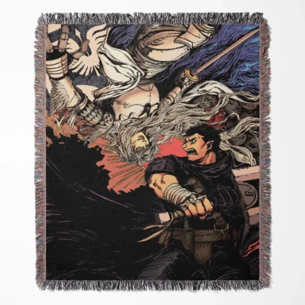 Berserk woven tapestry throw blanket, gothic room decor, wall rug, and collectible merch, perfect gift for fans of the dark fantasy series, Berserk.