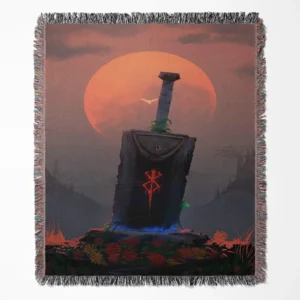 Berserk Sword Tomb woven tapestry throw blanket, epic wall art and room decor, a must-have collectible for fans of Berserk's iconic sword tomb scene.