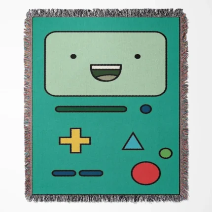 BMO woven tapestry throw blanket, featuring retro wall art and cozy room decor, perfect as a collectible accent for Adventure Time fans.