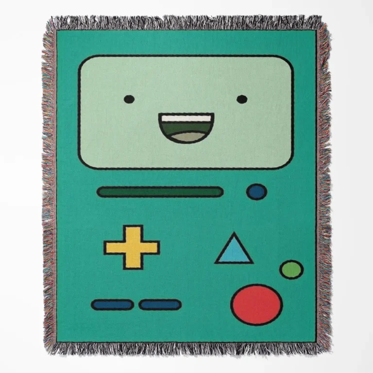BMO woven tapestry throw blanket, featuring retro wall art and cozy room decor, perfect as a collectible accent for Adventure Time fans.