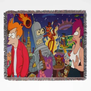 Futurama woven tapestry throw blanket, offering stylish home decor and fun picnic mat design, perfect as a collectible accent for Futurama fans.
