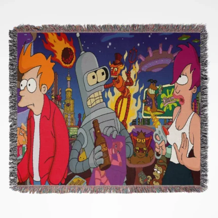 Futurama woven tapestry throw blanket, offering stylish home decor and fun picnic mat design, perfect as a collectible accent for Futurama fans.