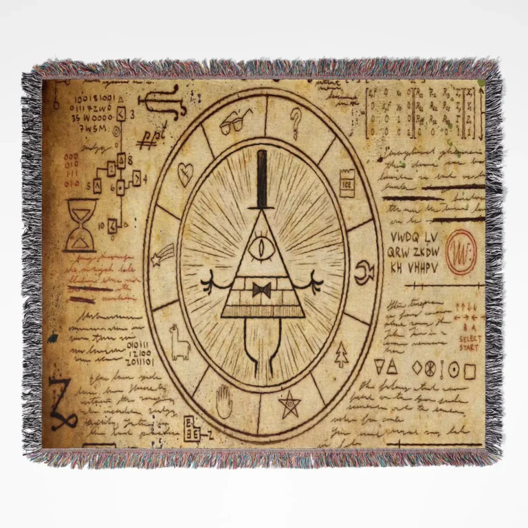 Bill Cipher's Symbols woven tapestry throw blanket, designed with mysterious wall rug and unique room decor, making it a perfect collectible accent for Gravity Falls fans.